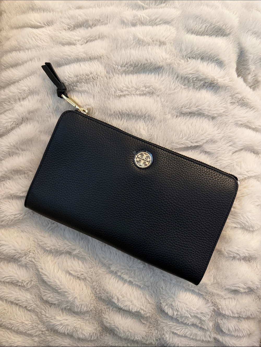 Tory Burch Black Pebbled Leather Zip Wallet with Gold Logo
